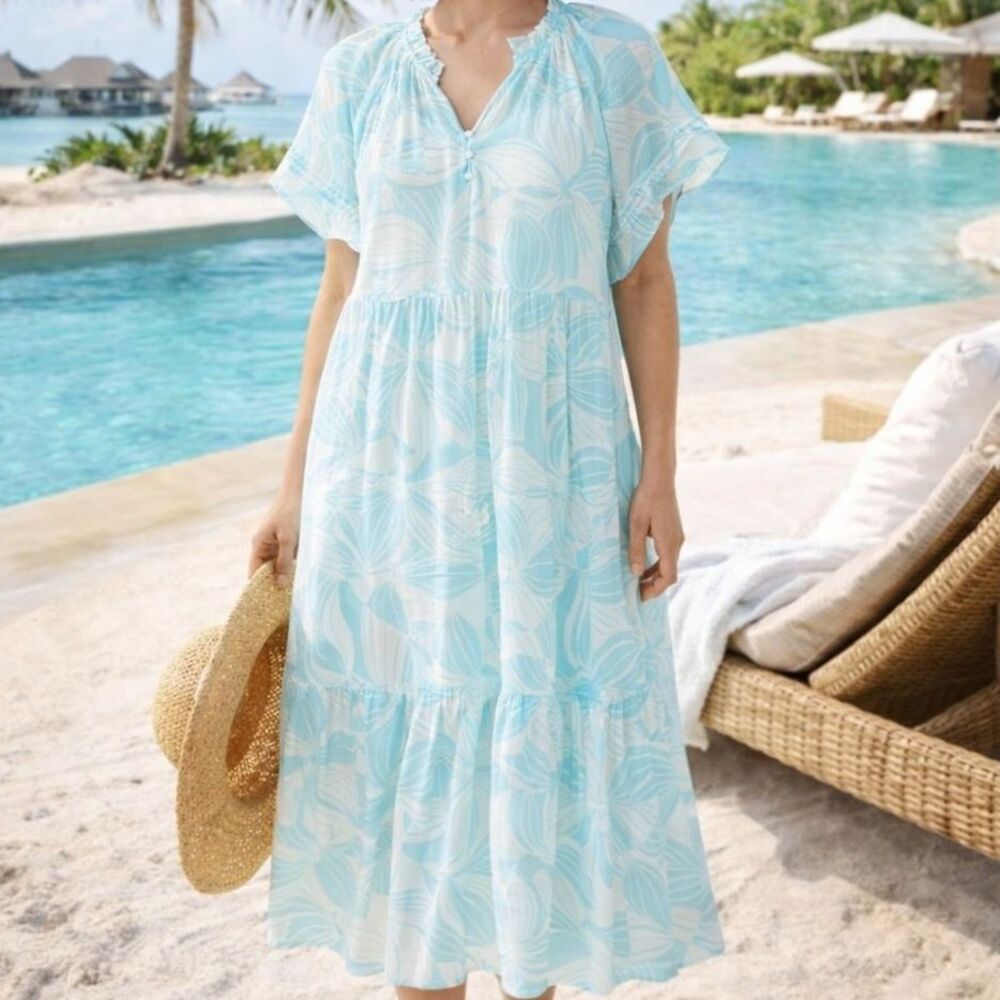 Petite XL Blue Tropical Midi Dress NWT Summer Resort Coastal Vacation Breezy XL